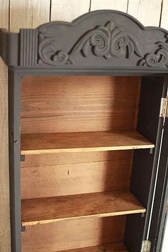 古い壁掛け木枠ガラス戸棚　5段　食器棚　飾り棚　ウォールラック　古家具　古道具