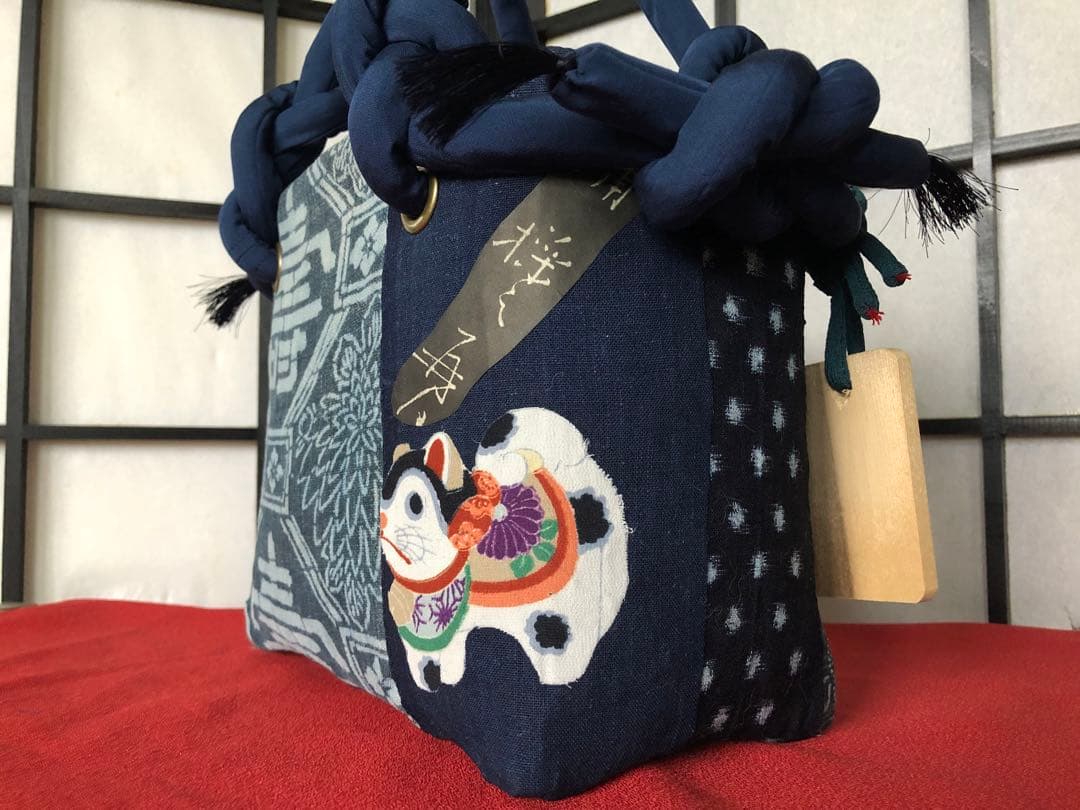 一閑張り　一閑張りバック　本藍染　型染　雪ん子　犬張子　張子犬　狛犬