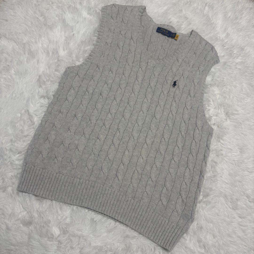 美品✨ポロラルフローレン　ケーブルニットベスト L グレー ポニー刺繍 現行タグ
