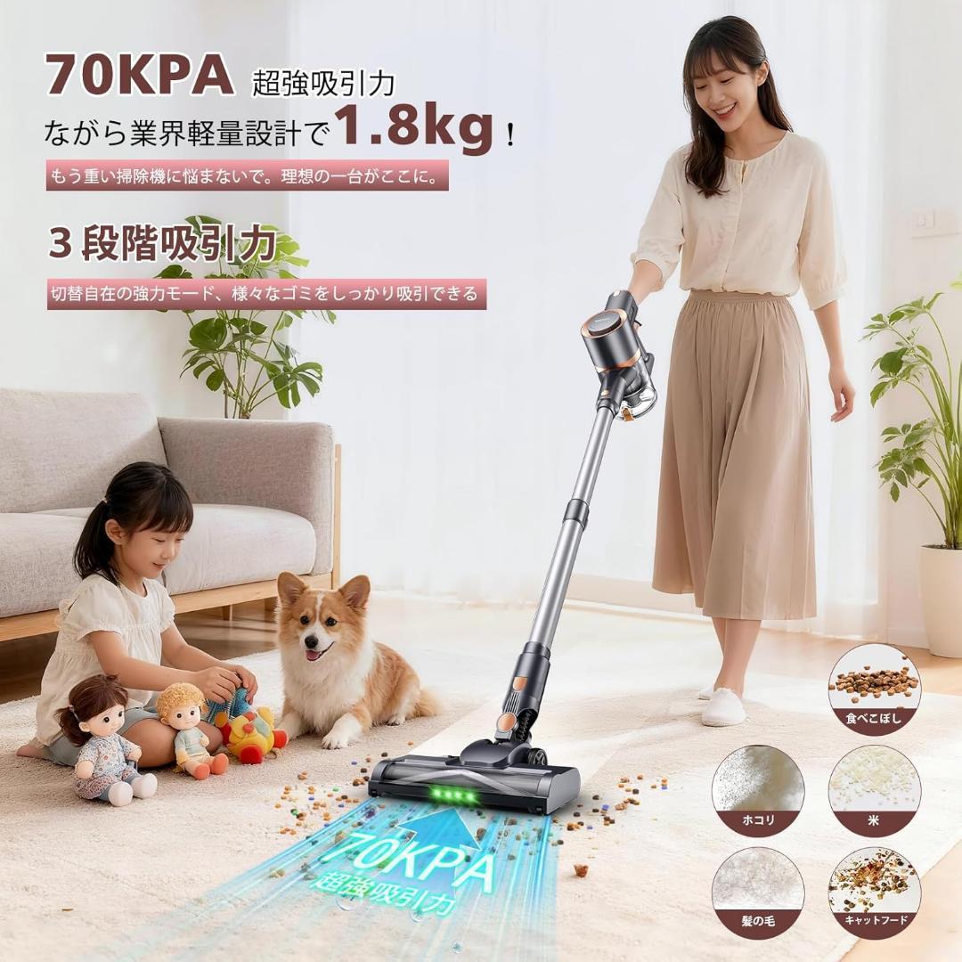 掃除機 コードレス　65Kpa真の超強力吸引＆同クラス最軽量　55分連続稼働