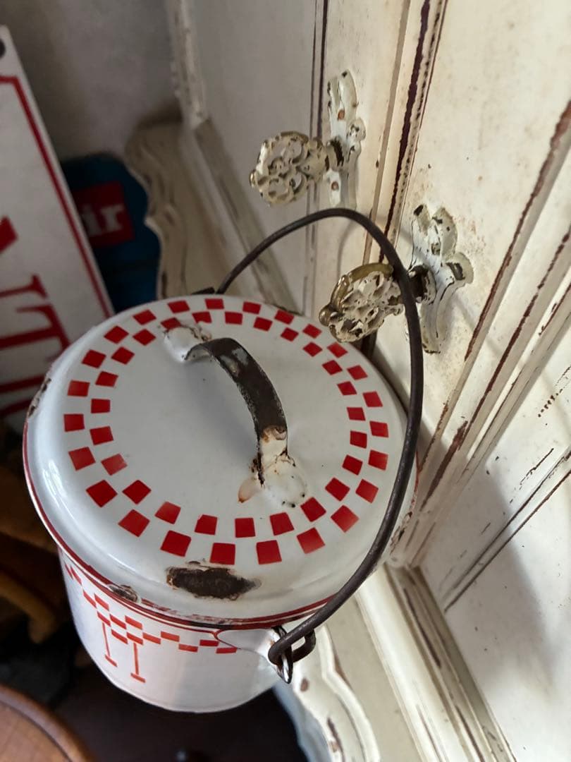 フランス　アンティーク　ホーロー　ストッカー　キャニスター　ダミエ　市松　レア