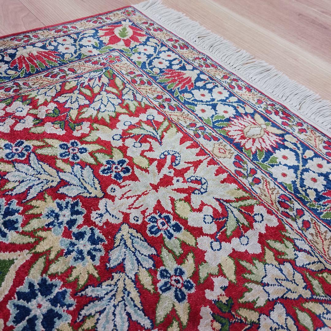 Y3347 中国シルク絨毯 シルク100% 手織り240段 85×68㎝