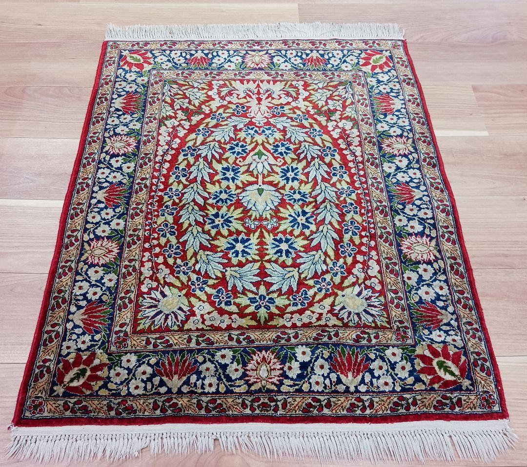 Y3347 中国シルク絨毯 シルク100% 手織り240段 85×68㎝