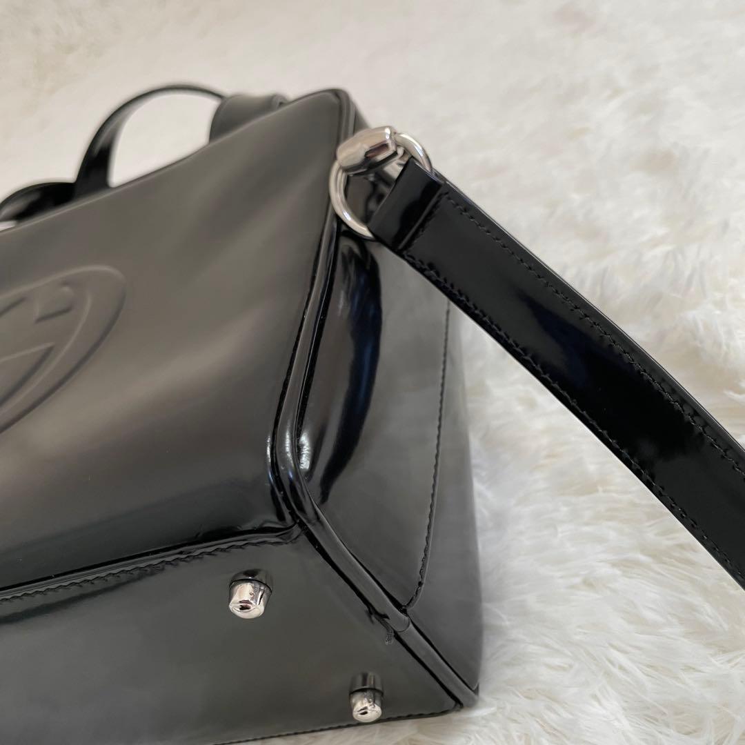 GUCCI ショルダーバッグ エナメル インターロッキングG ブラック 2way