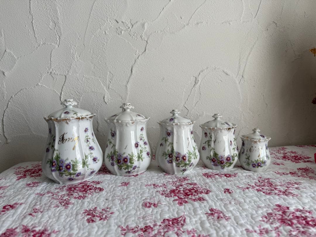 フランスアンティーク　陶器のキャニスター5個セット