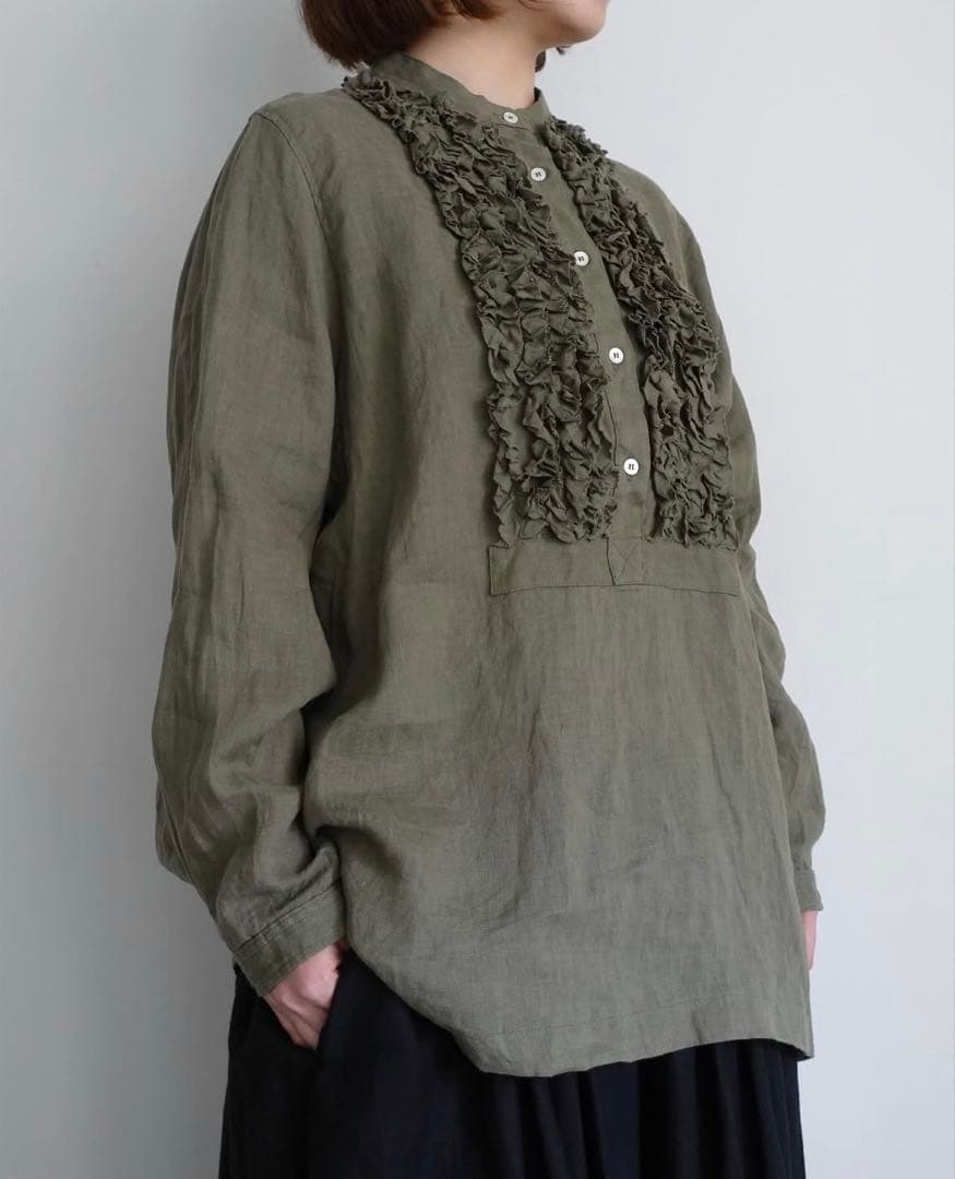 オンライン限定❣️ICHI Antiquites リネンフリルブラウス オリーブ