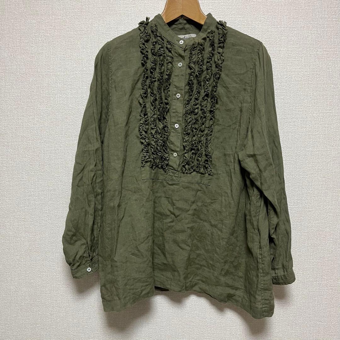 オンライン限定❣️ICHI Antiquites リネンフリルブラウス オリーブ