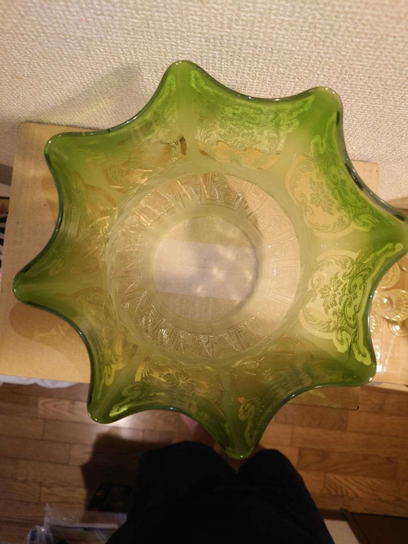 【超希少作】19世紀　オールドボヘミア　緑白被せガラス　カットガラス　硝子ランプ