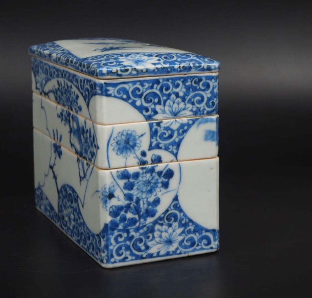 送料無料 明治7年(1874年)購入　青花四君子鳥図三重箱　共箱★大珍品★