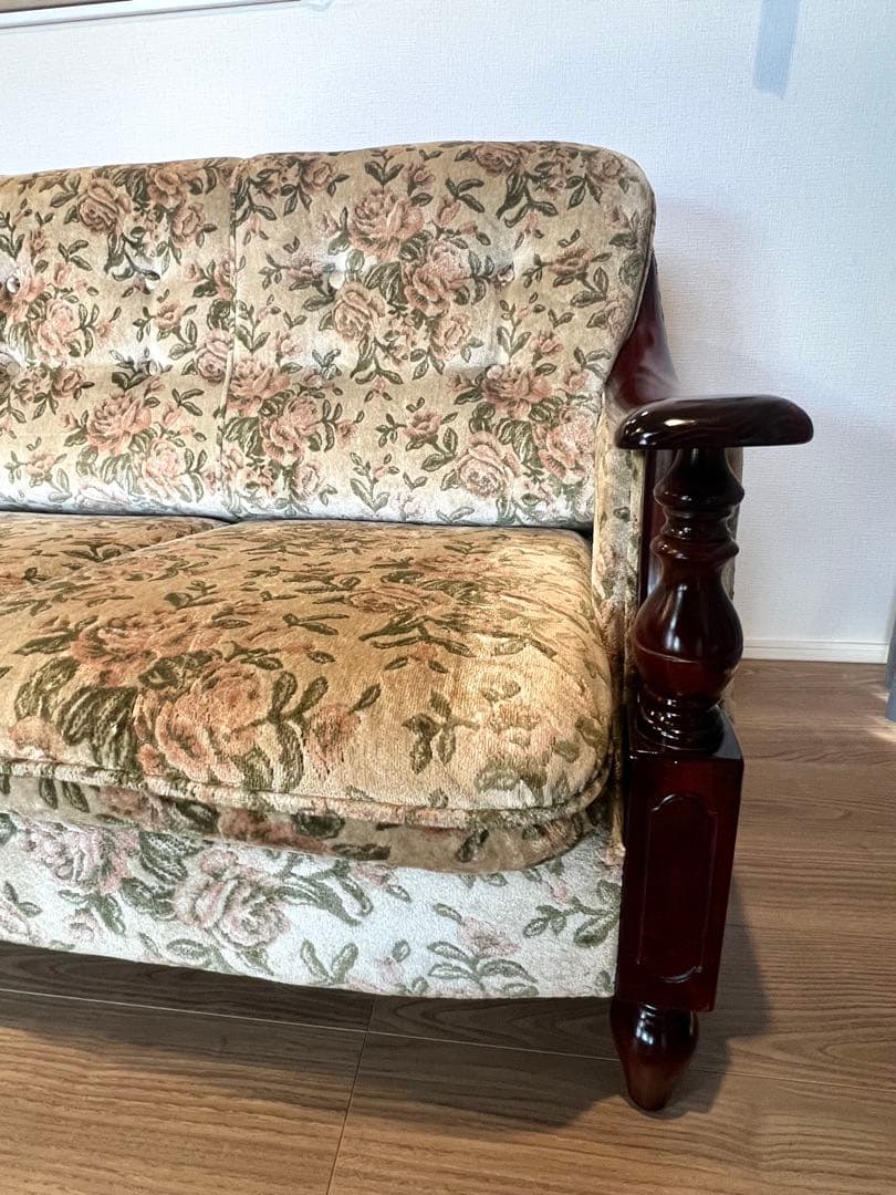 オールドカリモク 3Pソファ／花柄ファブリック／ヴィンテージ