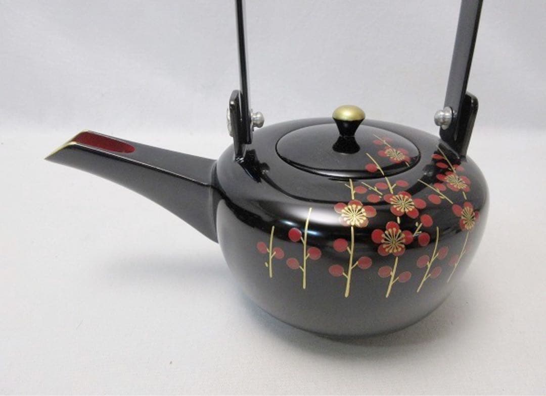 ほぼ未使用 茶道具 天然木製 本漆黒塗 会津塗 屠蘇器 立梅蒔絵 元箱