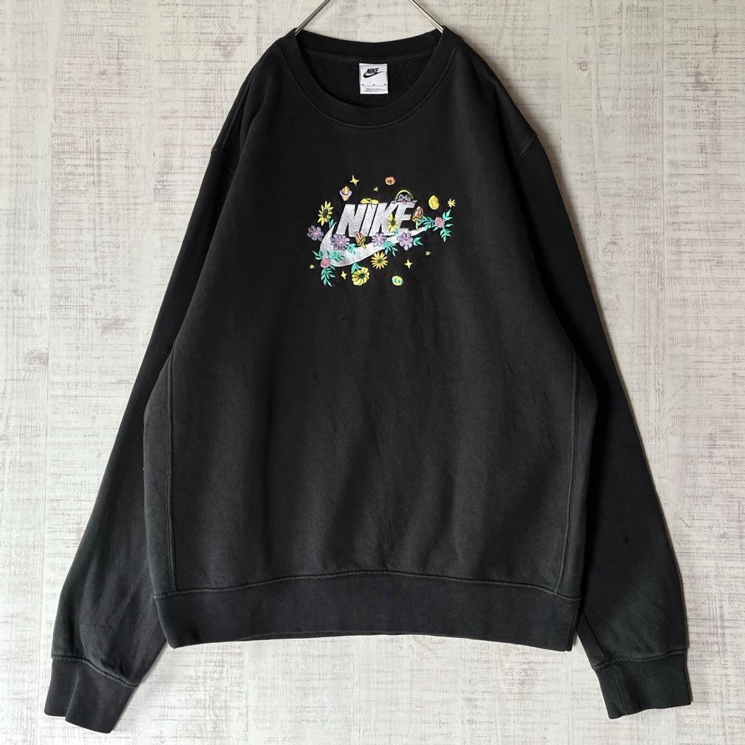 NIKE ナイキ 花柄 刺繍 スウェット トレーナー センターロゴ 黒 M