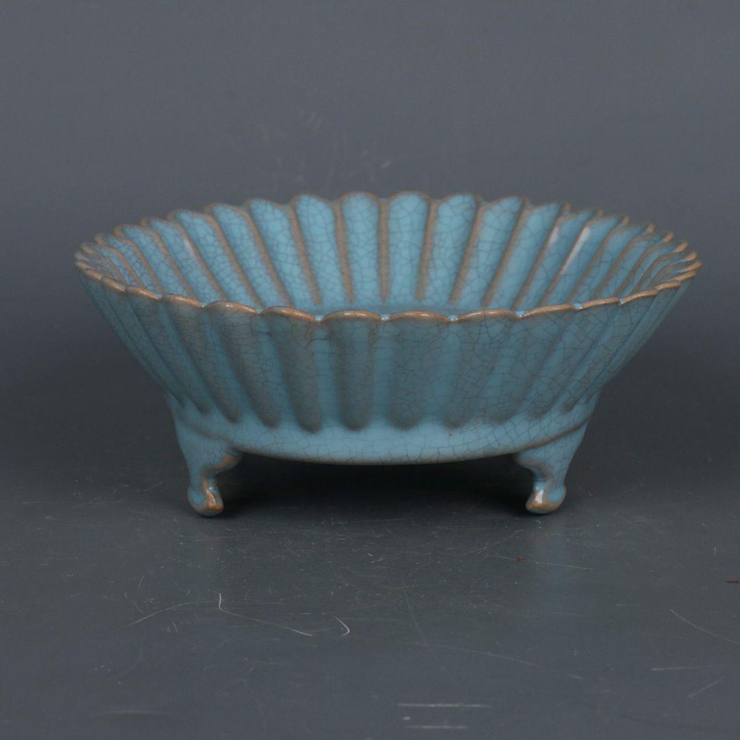 宋汝窯藍釉菊花弁水仙盆 筆洗 書道具 文房具 現代工芸品 美術品 置物