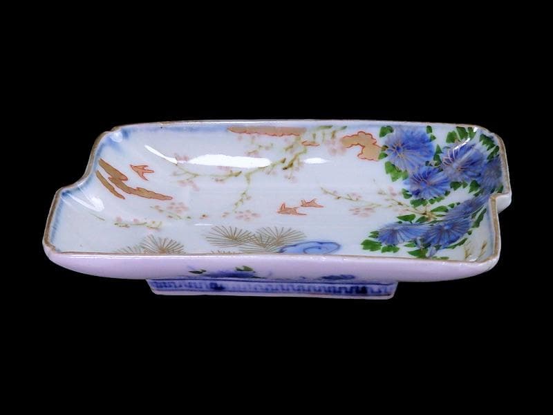 古伊万里　染錦　梅に菊　松に短冊の図　変形長皿　５客　B048AS-CWx