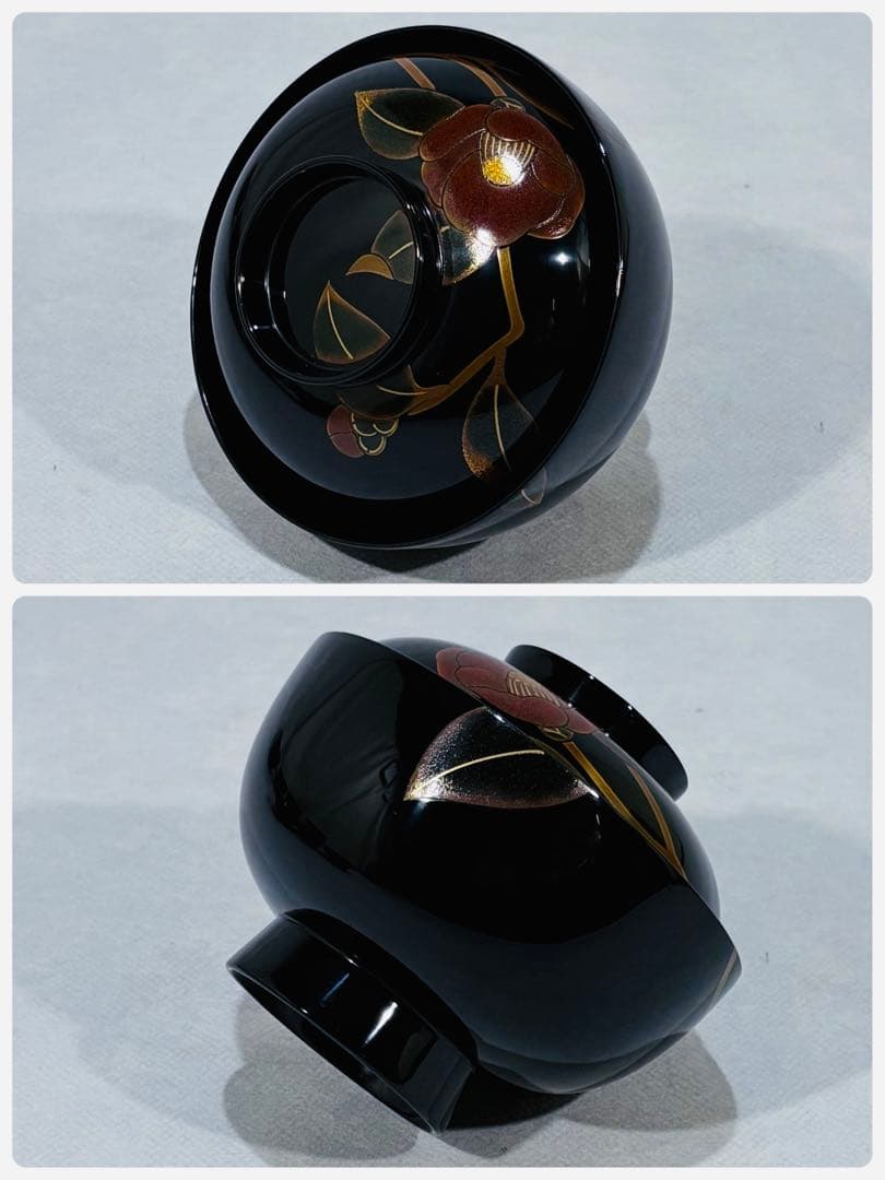 輪島塗　元岡光漆堂謹製　蒔絵師 静峰　塗師 清斉　椿蒔絵 吸物椀五客　美品　共箱