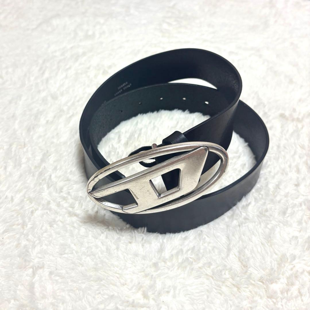 【DIESEL】ブラックレザーベルト シルバーオーバルバックル 袋付き