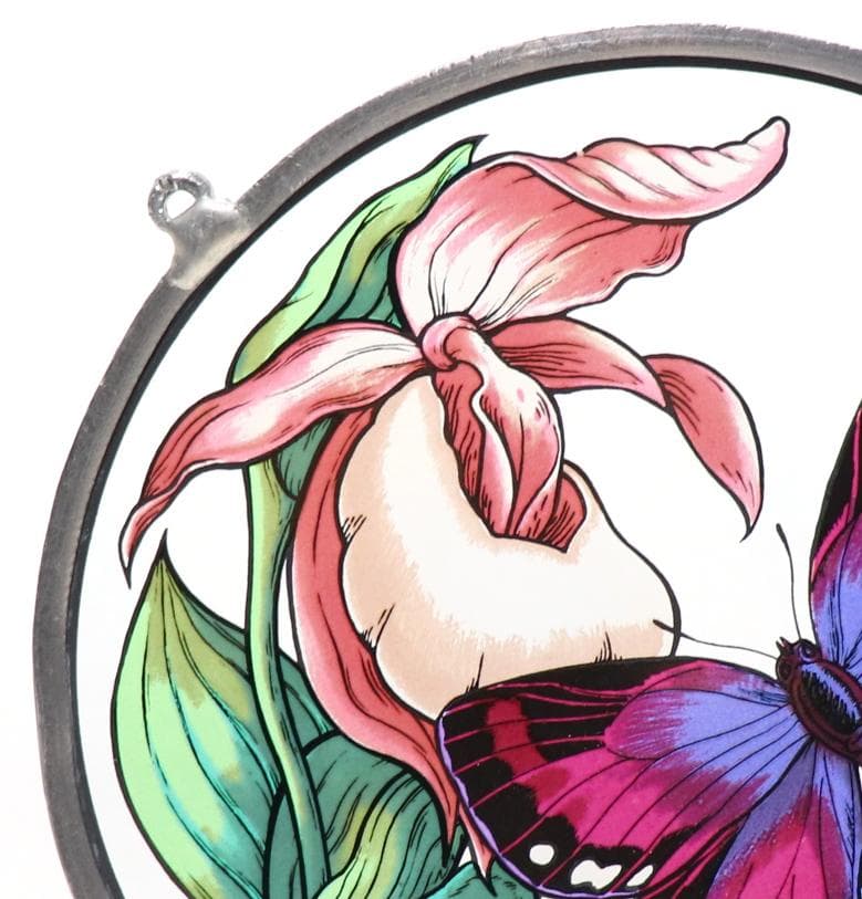 紫色の蝶と花 ヴィンテージ ステンドグラス グラスマスターズ社 バタフライ