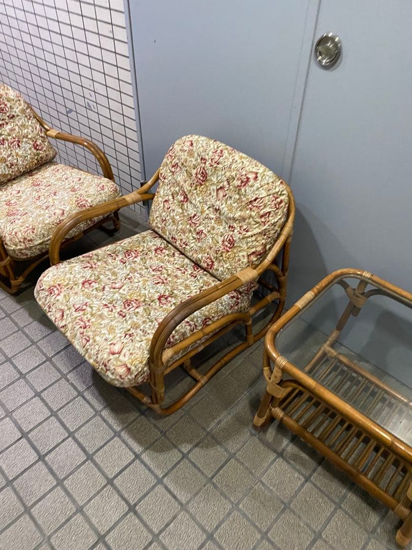 レトロ　藤　ラタン ガラステーブル