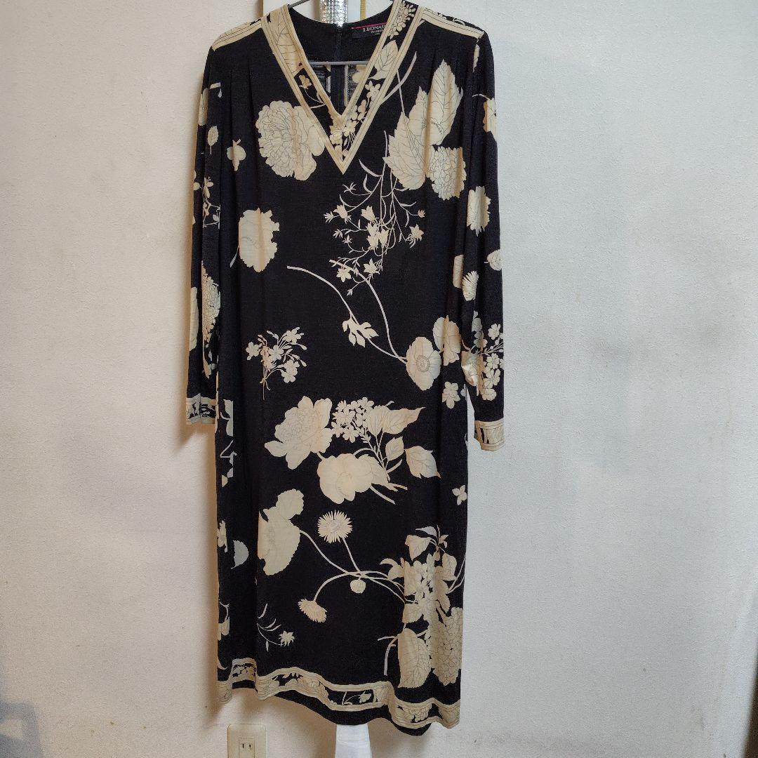 LEONARD 花柄 ワンピース　Vネック 長袖ひざ丈チュニック
