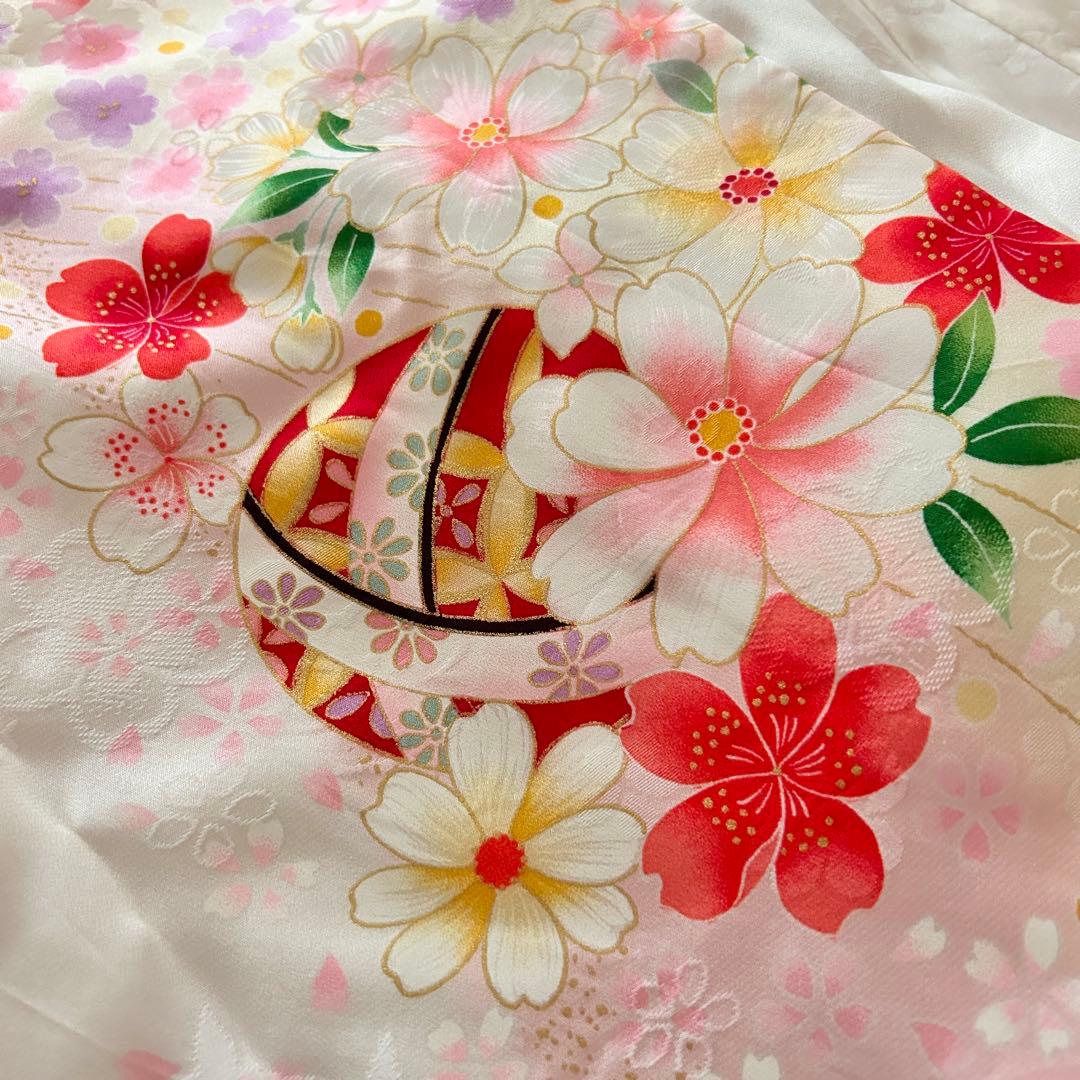 正絹　七五三 女の子7歳着物・帯セット　白　レトロ　アンティーク　日本製