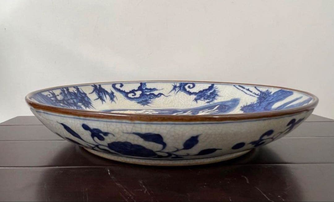 中国古美術　明時代染付麒麟皿•【大明宣徳年製】在銘