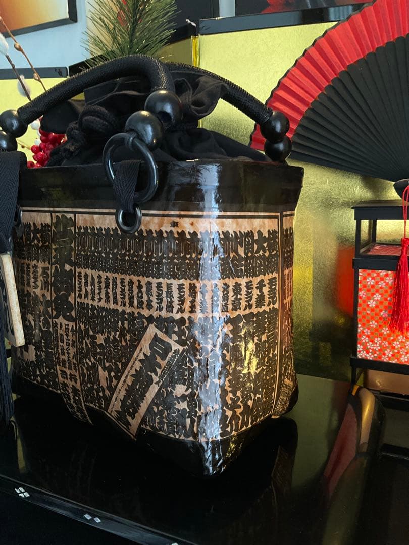 一閑張り　大相撲　相撲番付表　和風　かごバッグ　柿渋　一閑張りバッグ