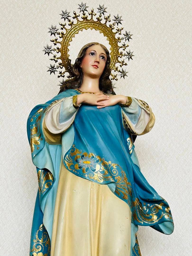 【超超希少美顔】✞無原罪の御宿り 胸に手を当てる聖母マリア像　宗教彫刻