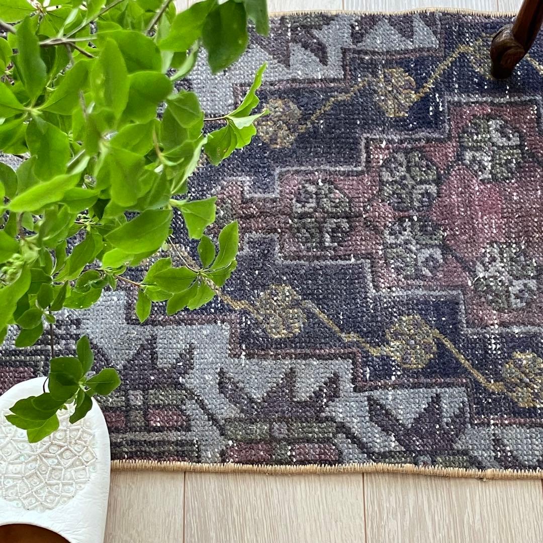 濃淡ブルー✳︎43×83 イエロー　ピンクメダリオン　トルコヴィンテージラグ