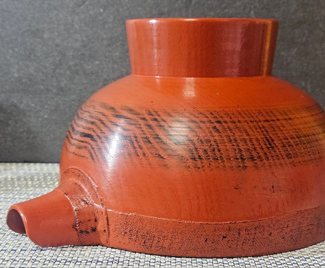 天然木　くり貫き造　朱漆塗　根来仕上　口縁布張　片口椀　酒次　酒器　未使用品！