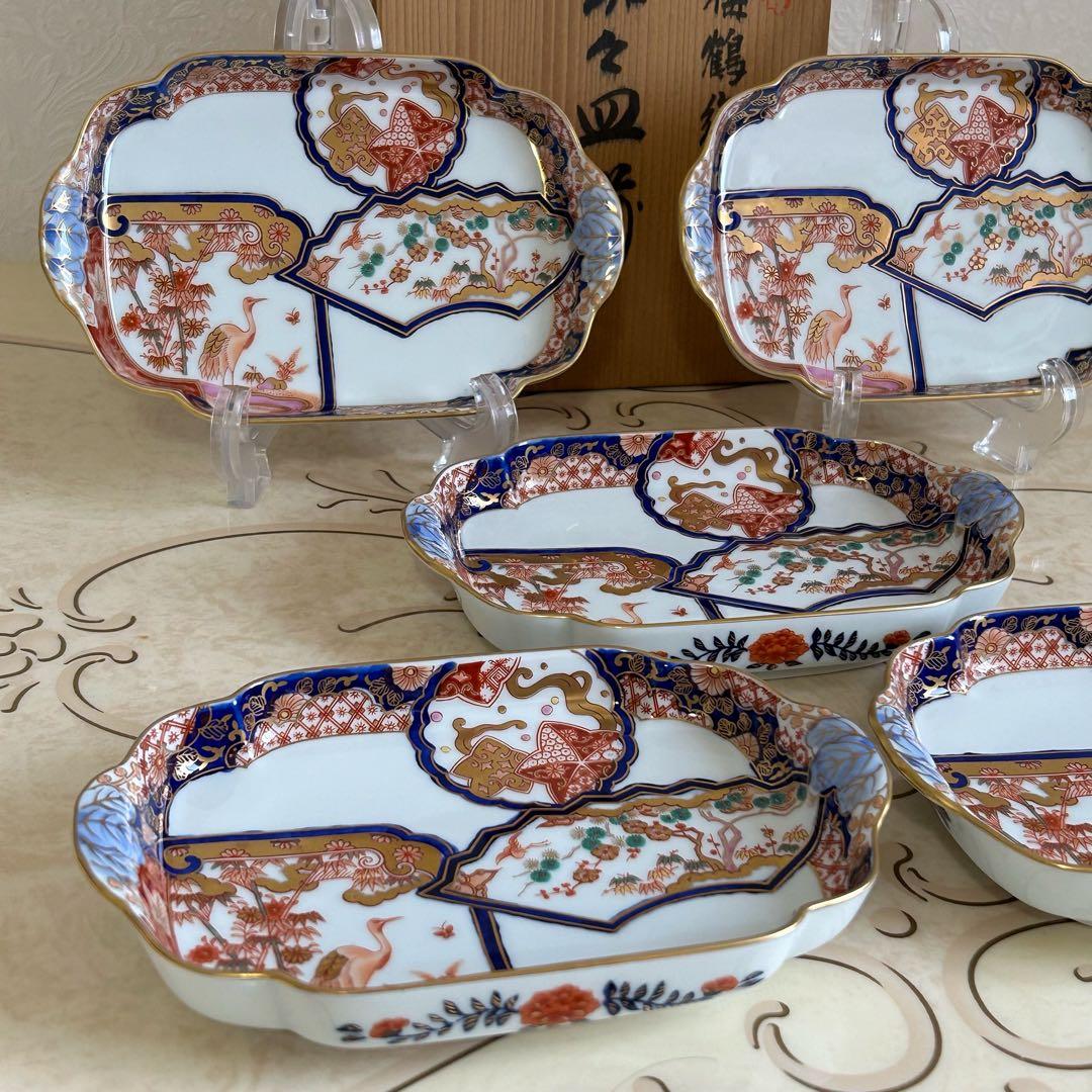 有田焼　賞美堂　其泉　松竹梅鶴絵　銘々皿揃　5枚セット　金彩古伊万里　色絵　和柄