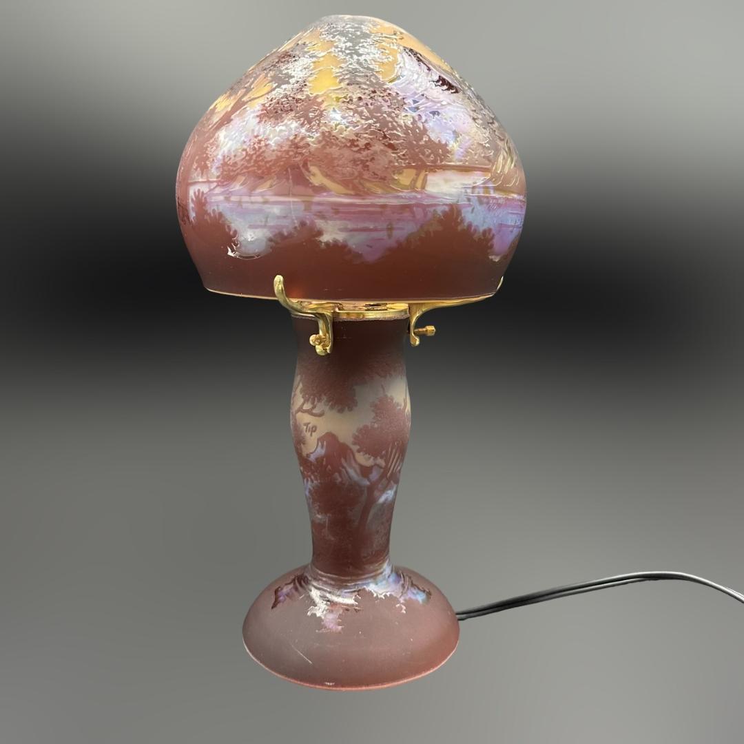 エミールガレ 2灯　山景文　台座真鍮　カメオ彫り　被せガラス　高さ32cm