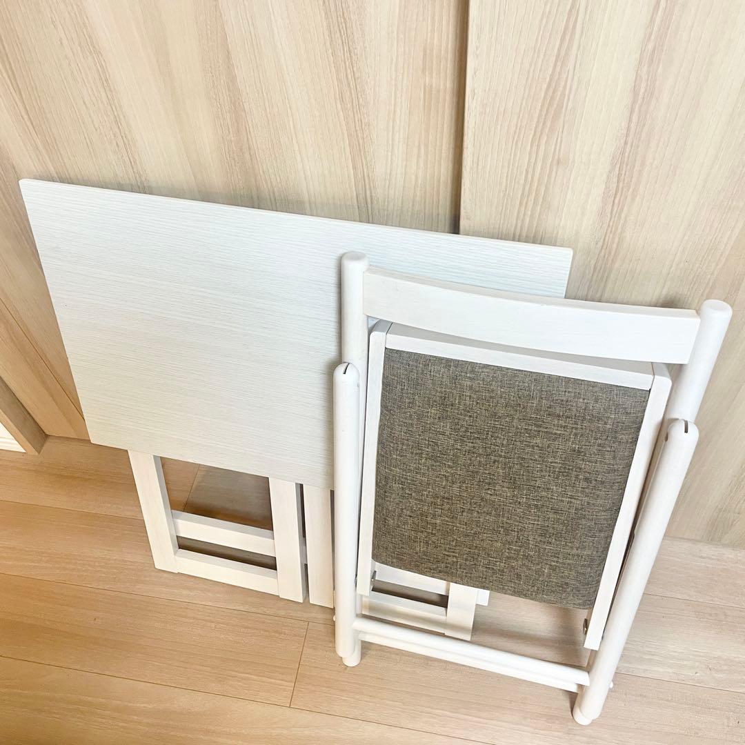 【美品】デスク チェア セット 折り畳み可能 フォールディング ホワイト 木製