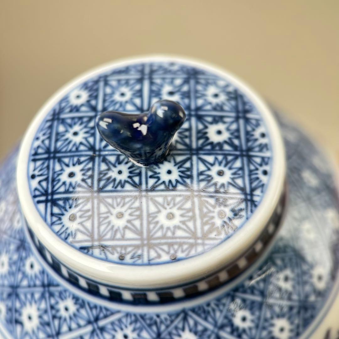 A045青花瓷 「吴祥瑞造」 景徳鎮 手描き 壽文 蓋物 五良大甫茶入 茶道具