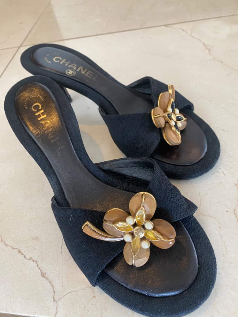 【レア】CHANEL ブラック ウッドカメリア サンダル ミュール　36