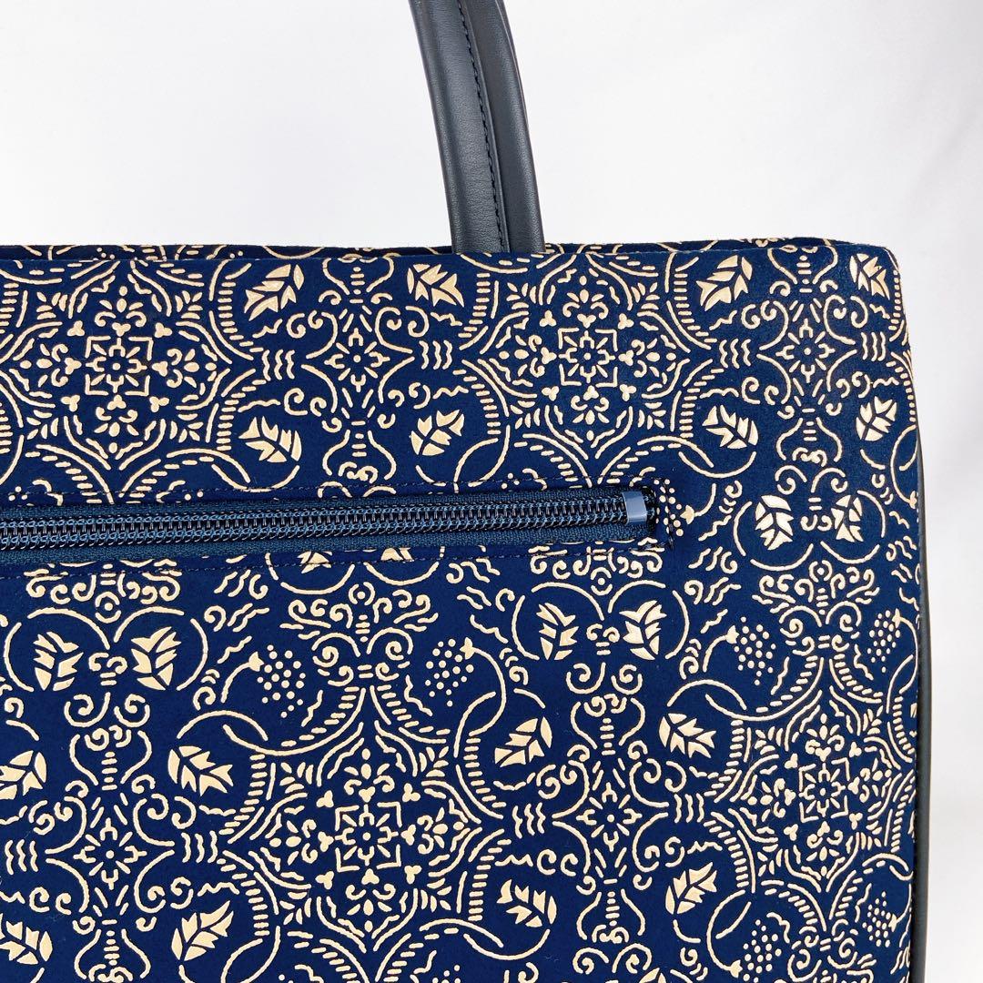 極美品 印傳屋 A4可 ハンドバッグ ネイビー ぶどう唐草 レザー 本革