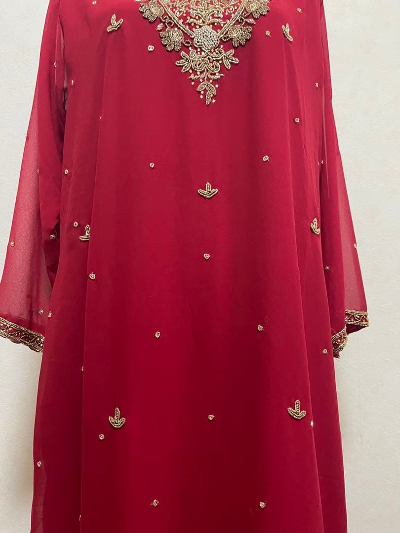 インド民族衣装高級レッド刺繍クルタセット／豪華インドパーティードレス【OT14】