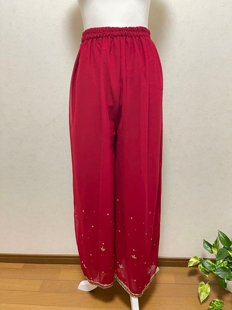 インド民族衣装高級レッド刺繍クルタセット／豪華インドパーティードレス【OT14】