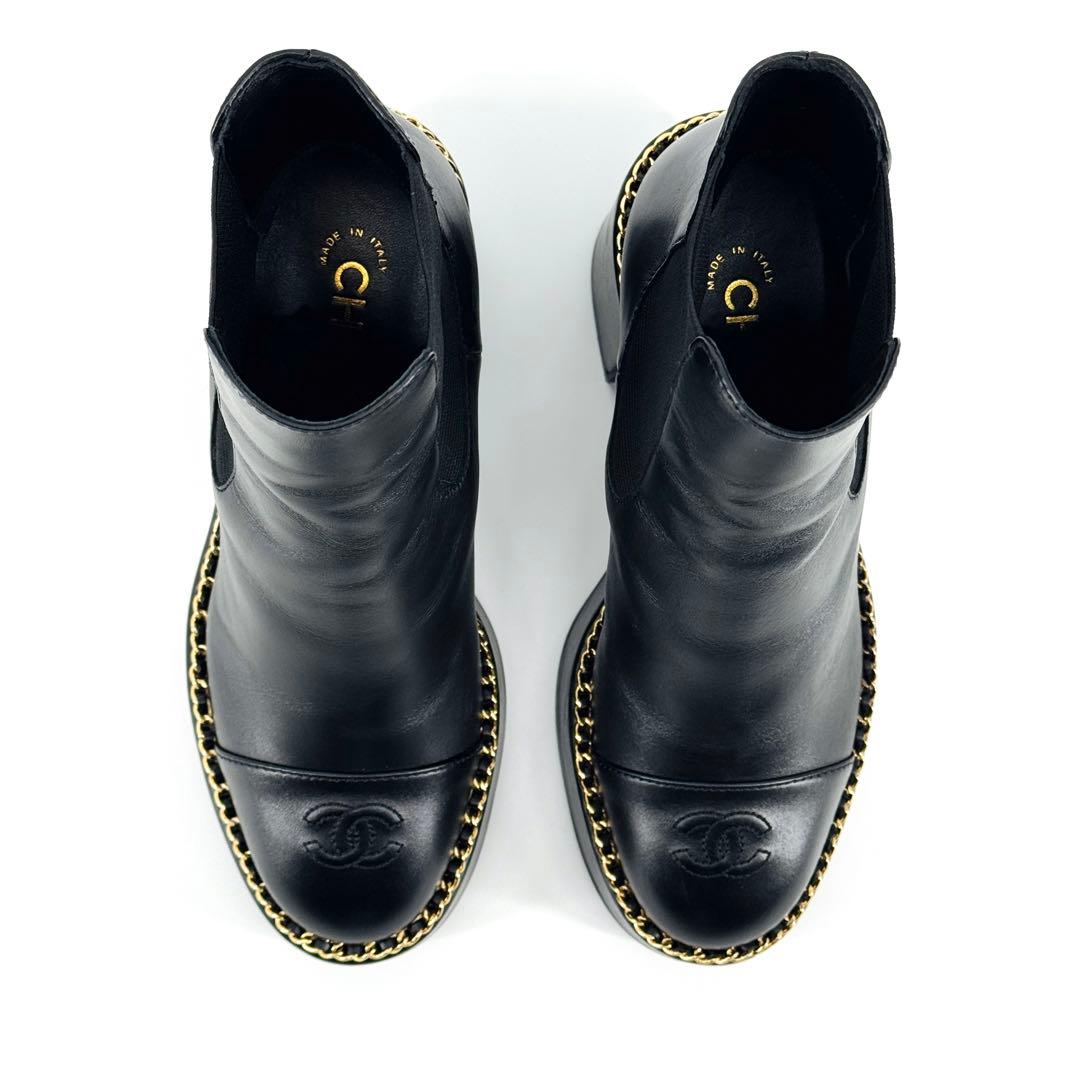 CHANEL シャネル 新品同様 ラムスキン チェーン サイドゴアブーツ 37