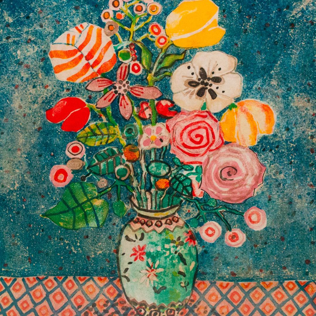 【真作・版画】ポール・アイズピリ「青いバックの花」