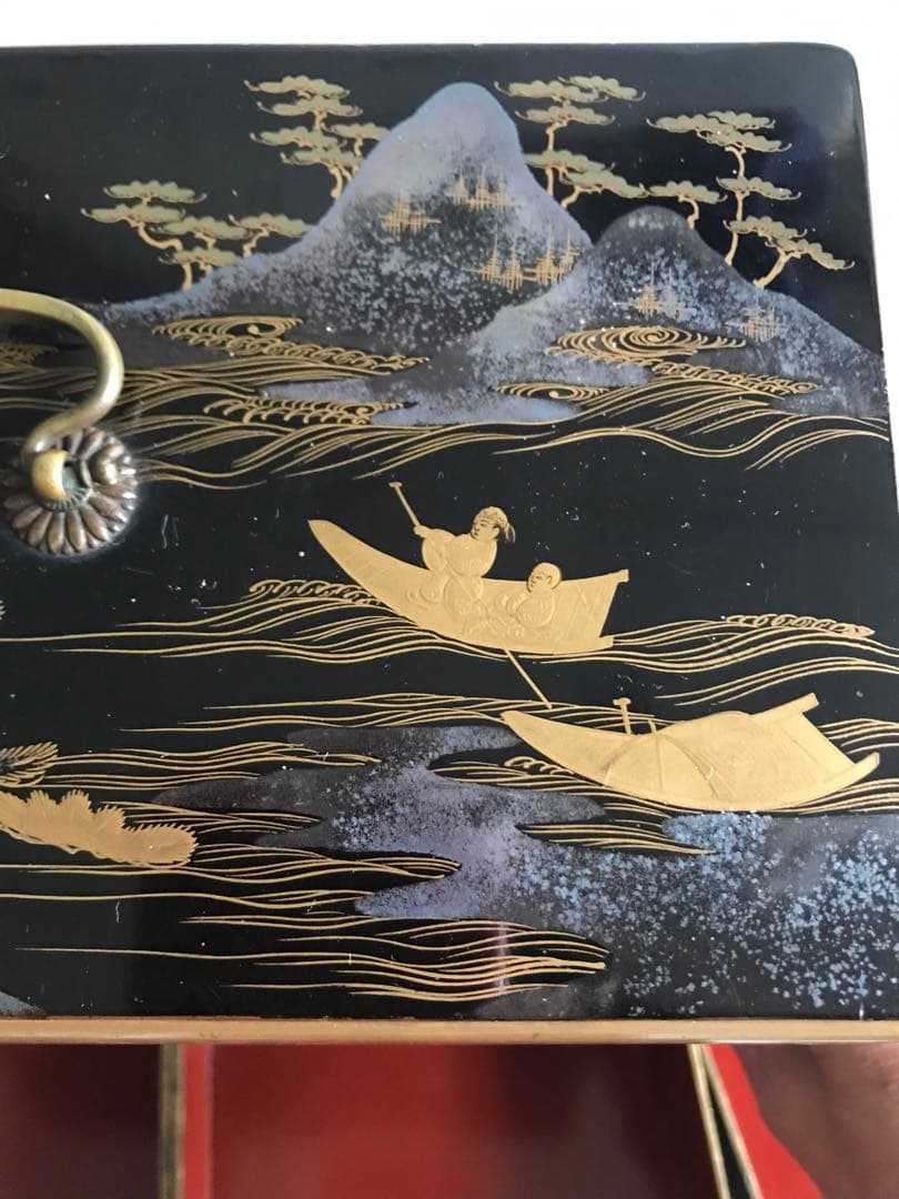 江戸 明治時代 骨董 漆器 金蒔絵　野弁当　重箱 風景花絵　黒塗内朱　天然木