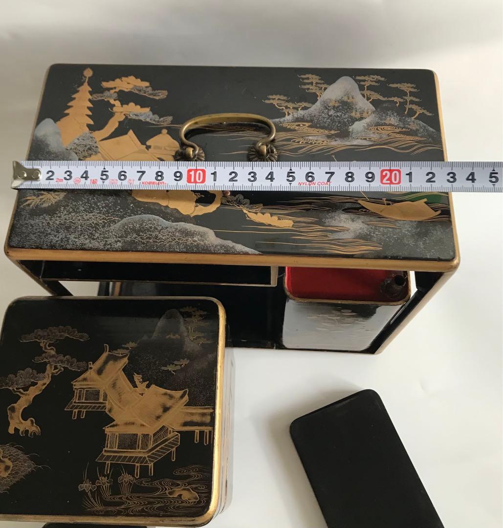 江戸 明治時代 骨董 漆器 金蒔絵　野弁当　重箱 風景花絵　黒塗内朱　天然木