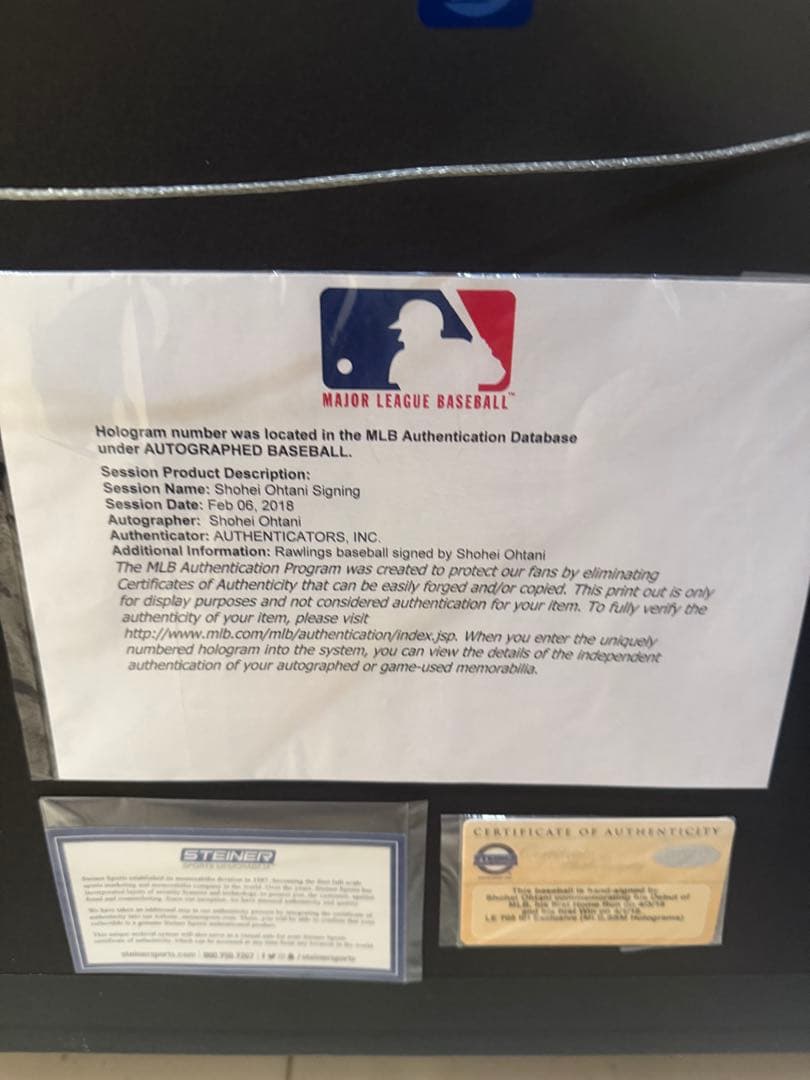 2018年デビュー記念 大谷翔平 直筆サインボール 展示額セットMLB認証シール