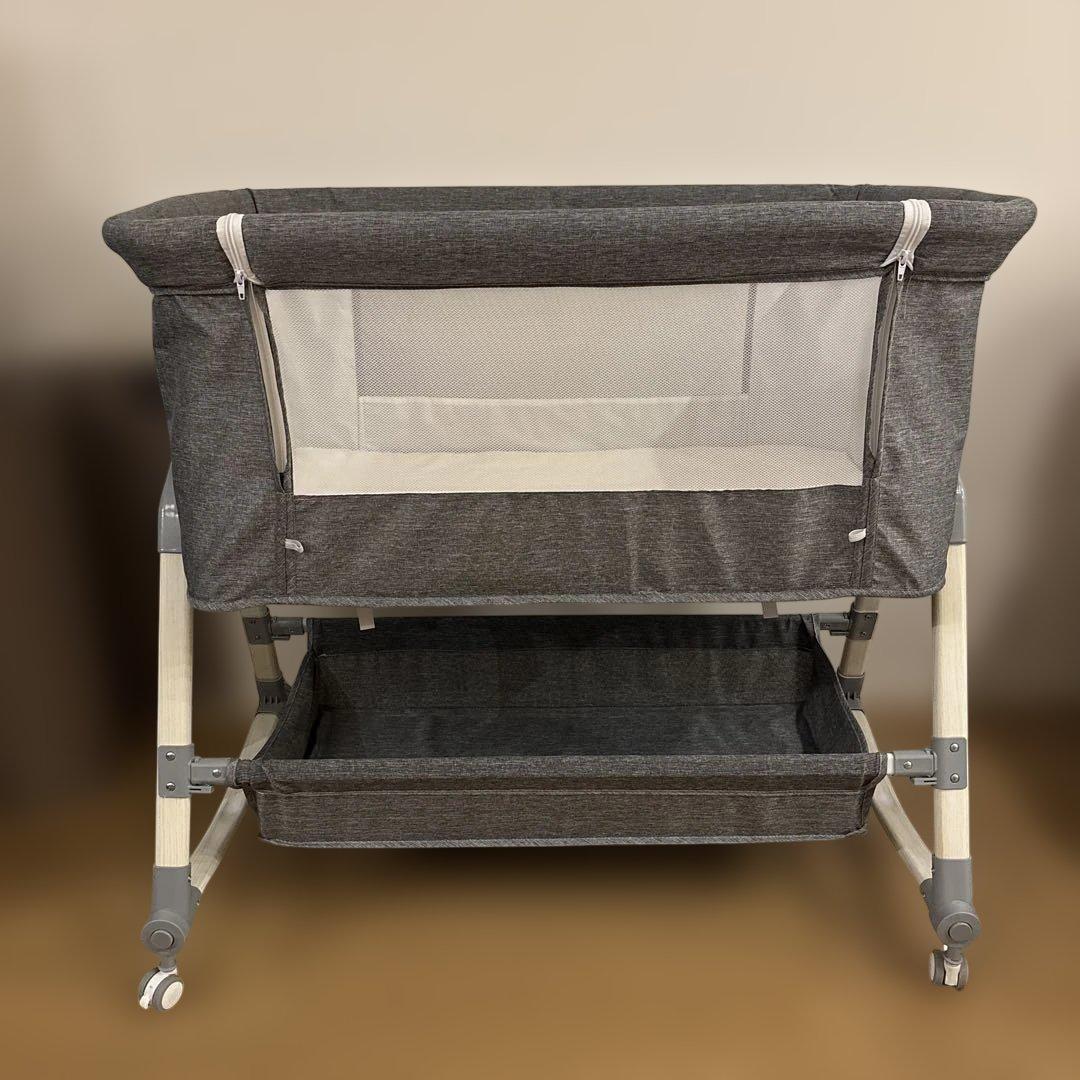 グレー ベビーベッド 下部収納、蚊帳付き