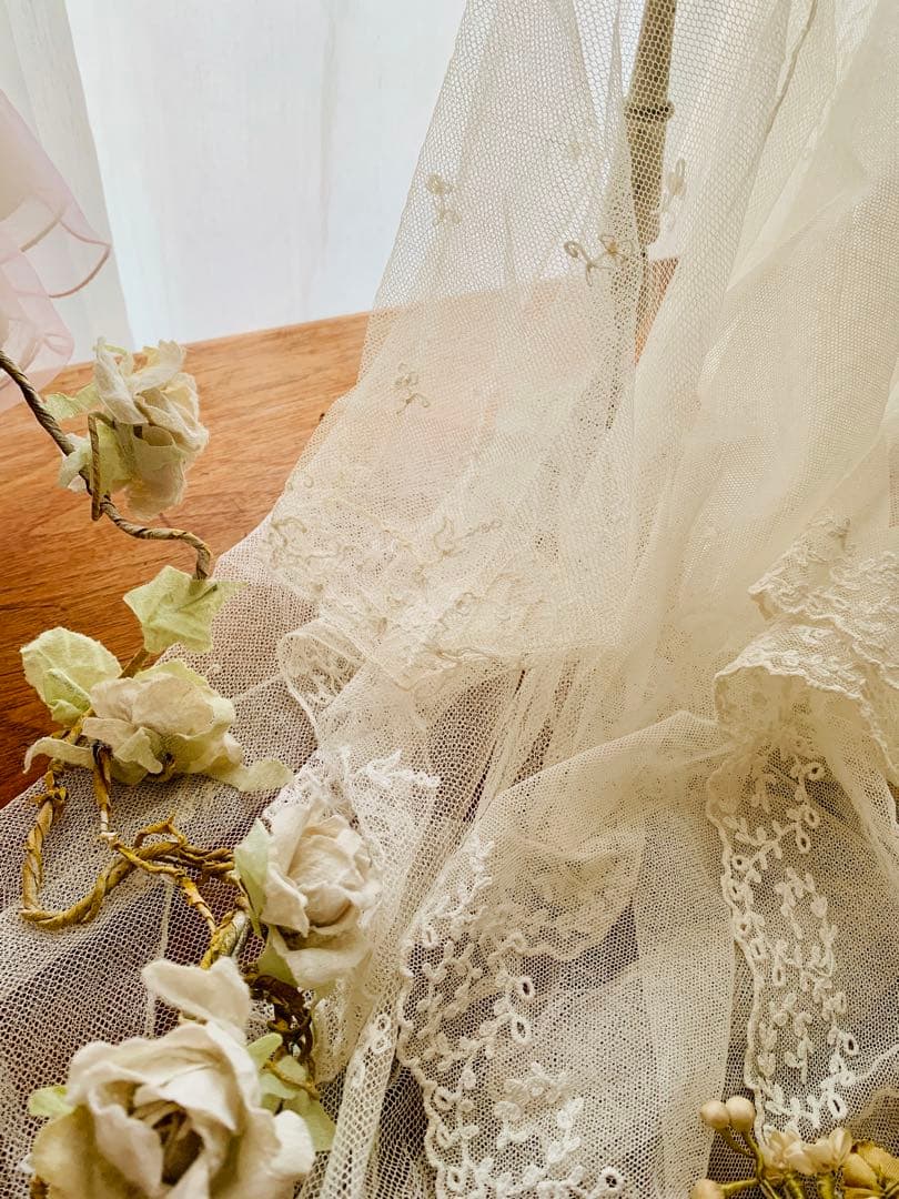 フランスアンティークチュールレースヴェール2点※ エクリュホワイトスカラップ刺繍
