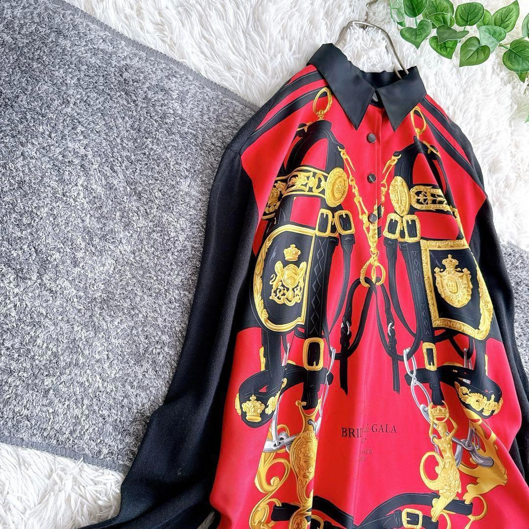 オールド エルメス ニット　シャツ　切替　異素材　スカーフ柄　シルク　カシミヤ