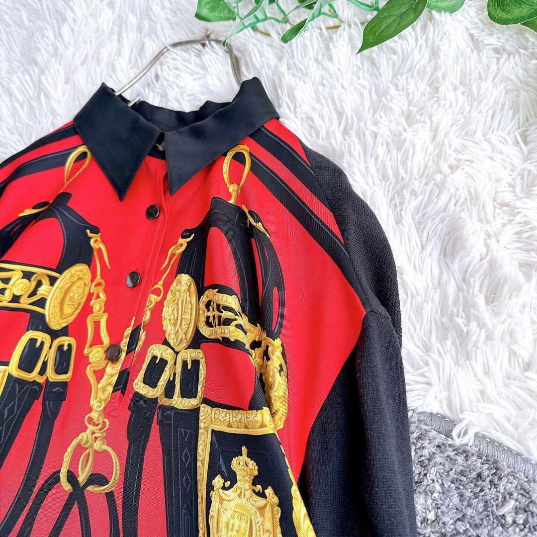 オールド エルメス ニット　シャツ　切替　異素材　スカーフ柄　シルク　カシミヤ