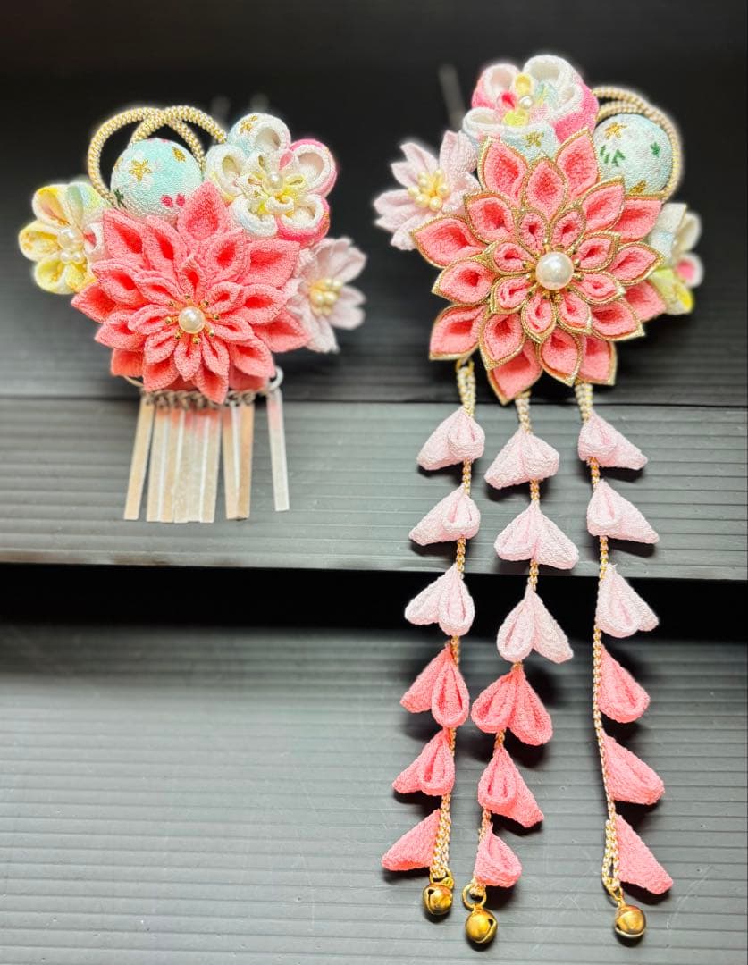 くまはちさま専用 確認用 七五三髪飾りセット 桃錦色×パールピンク 7-32