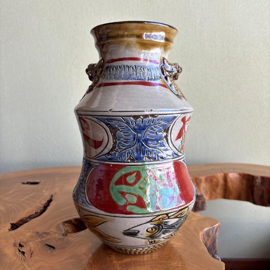 琉球壺屋焼 花瓶 高さ26cm 新垣勲作 花入 やちむん 共箱