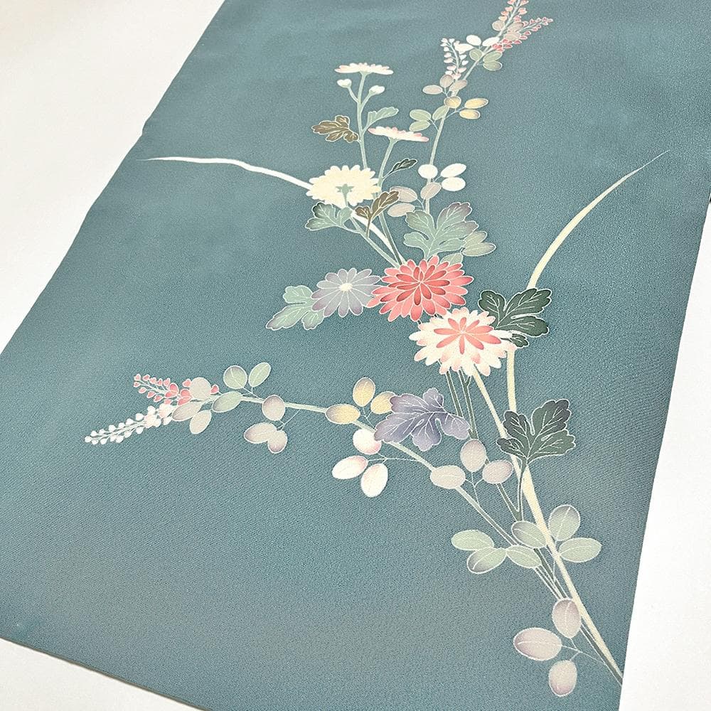 十日町友禅 正絹 訪問着 ちりめん 中古 水色 手描友禅 №ymk0049