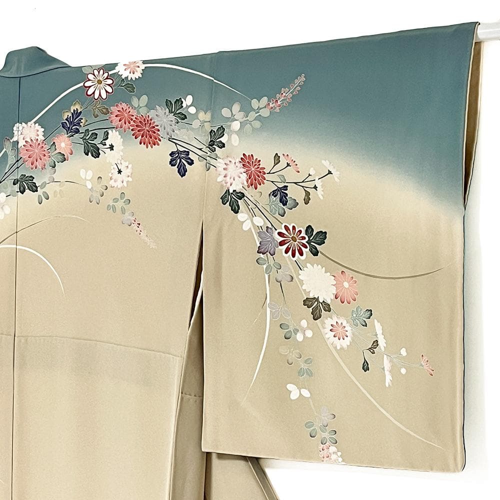 十日町友禅 正絹 訪問着 ちりめん 中古 水色 手描友禅 №ymk0049